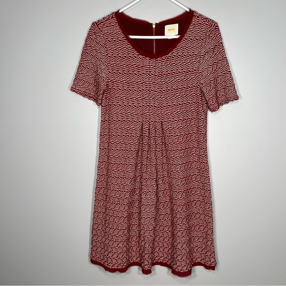 Anthropologie Maeve Dress Womens Small Red White Textured Lined Fringe Hem Zip - Picture 1 of 9